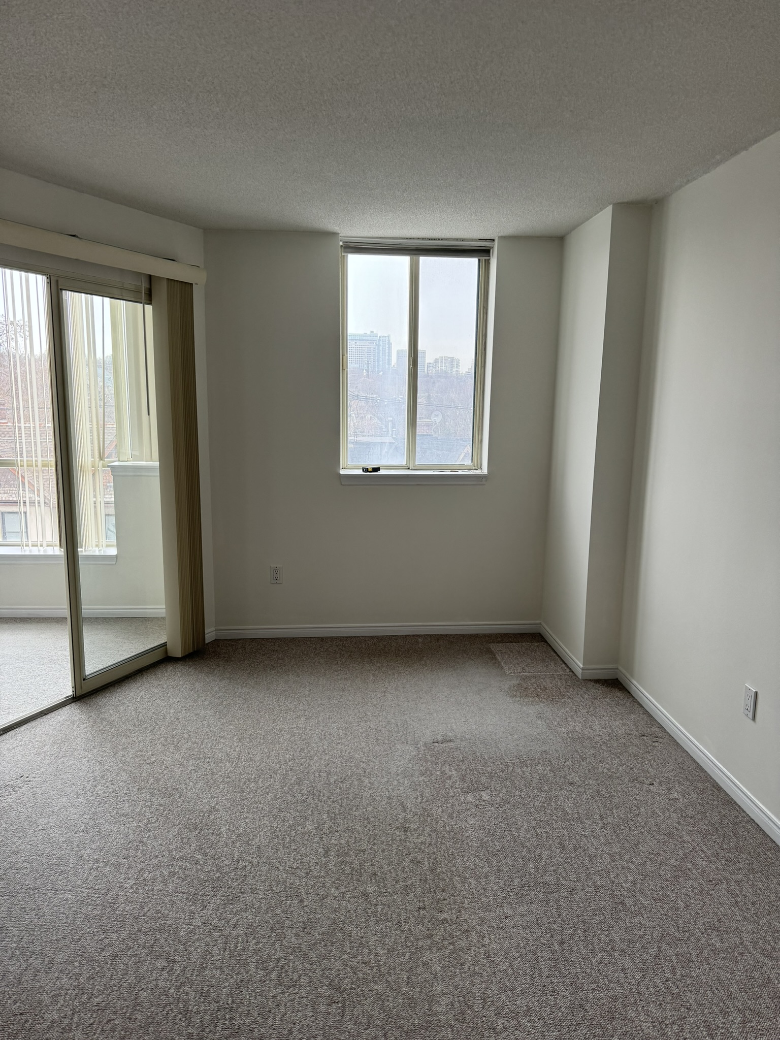 Original carpeted bedroom with angled glass sliding door before renovation