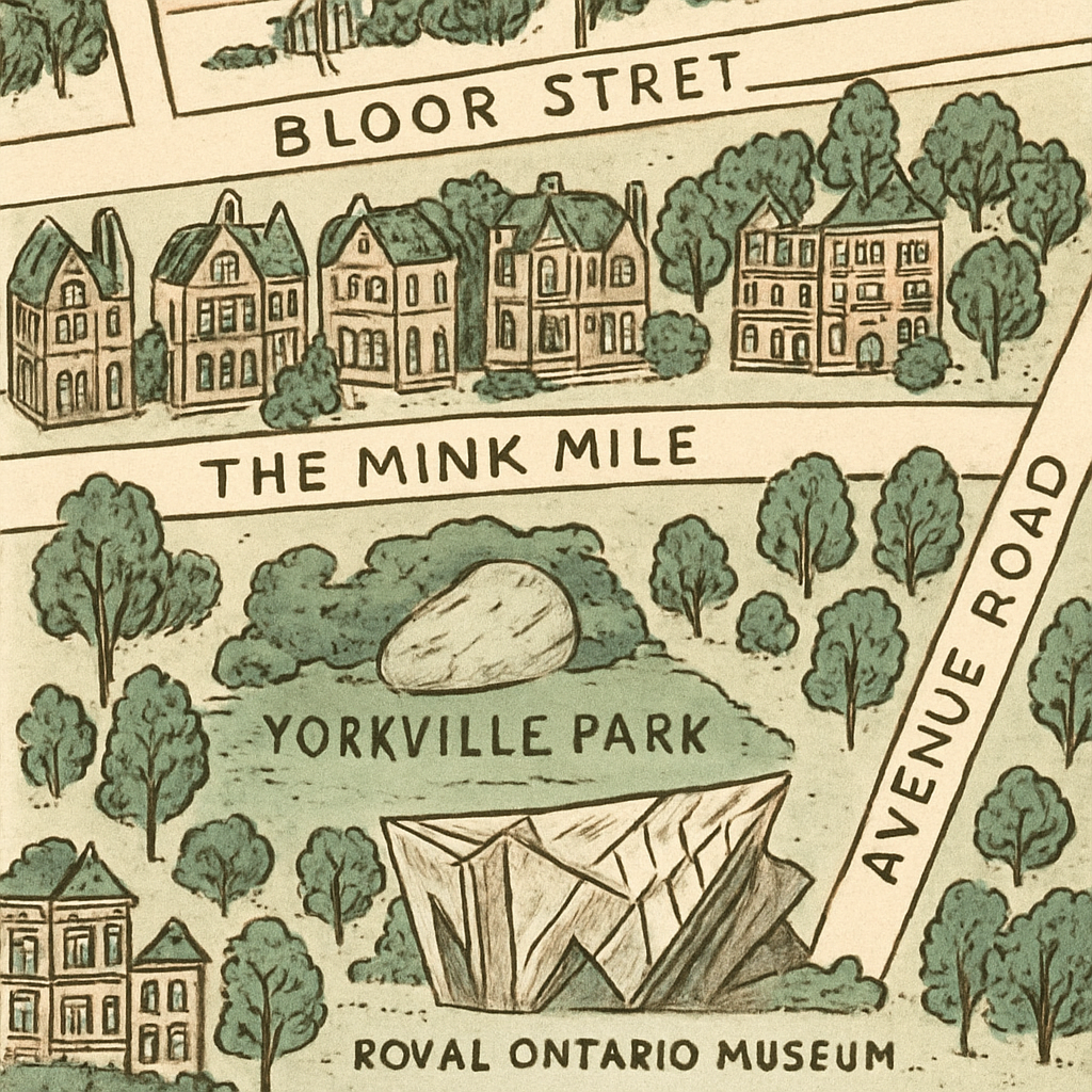 Illustrated map of Yorkville Toronto showing the Mink Mile, ROM, and Yorkville Park