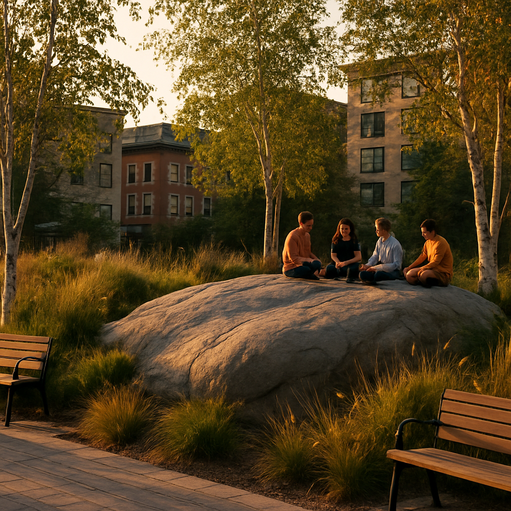 The granite rock and birch trees of Yorkville Park